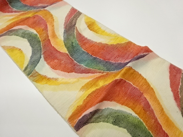 手織り紬変わり曲線模様織出し名古屋帯